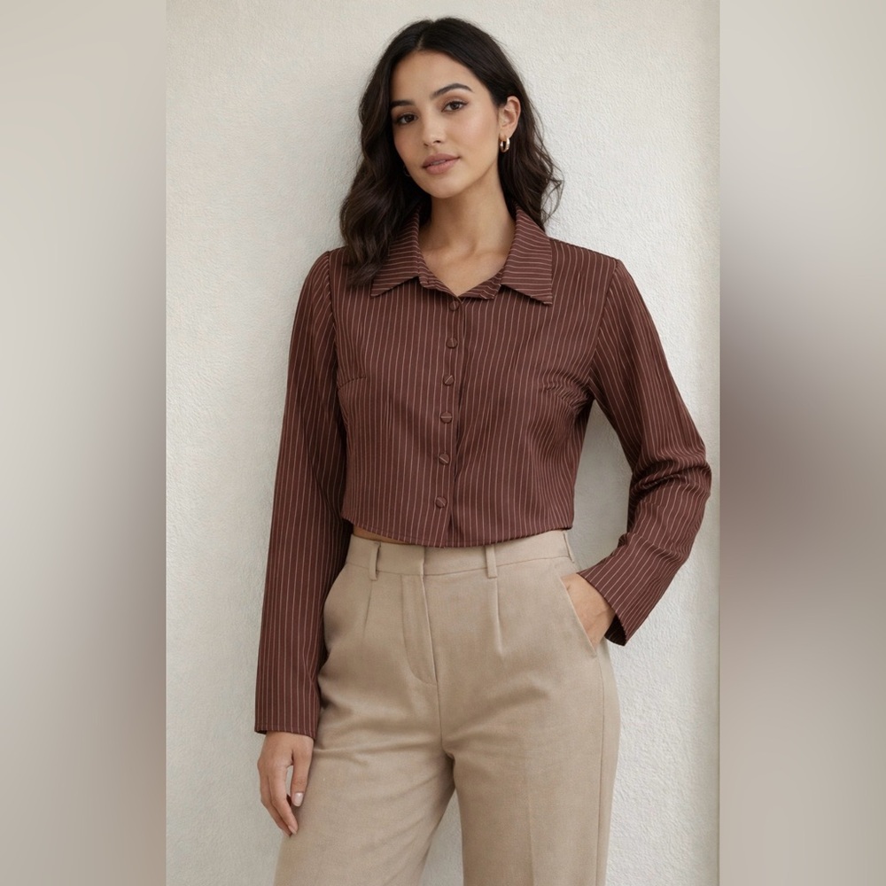 SHEIN Brown Pinstripe Cropped Button-Down Shirt. Flared Sleeves.Medium